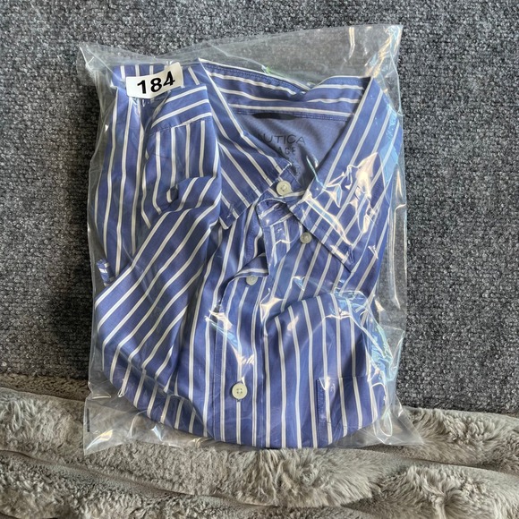 Nautica Vintage Mens XXL Blue White Striped Cotton Button Down Shirt Long Sleeve - Picture 9 of 10